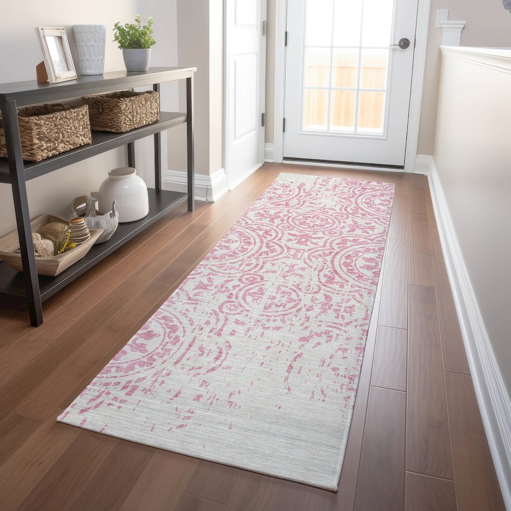Premium Machine Washable Mayfield AMF758 Pink 2'3" x 7'6" Runner Rug. Picture 5