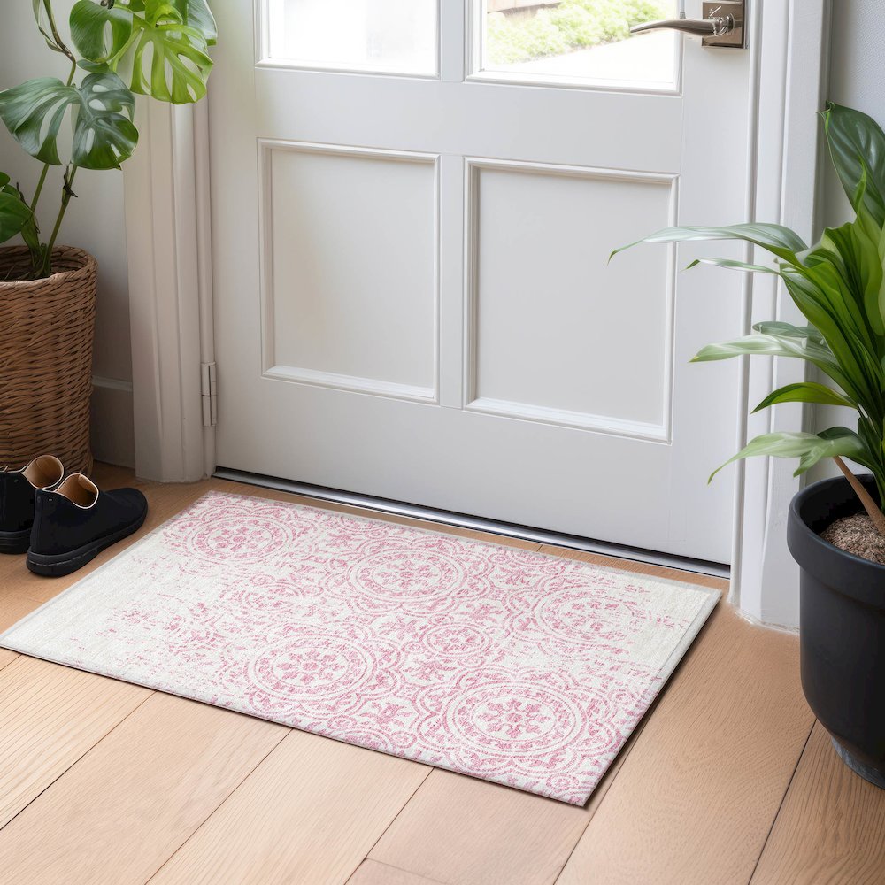 Premium Machine Washable Mayfield AMF758 Pink 1'8" x 2'6" Rug. Picture 5
