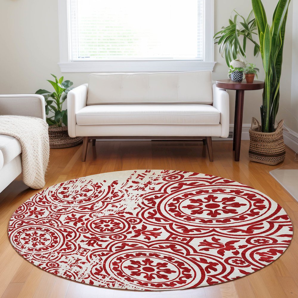 Premium Machine Washable Mayfield AMF758 Red 8' x 8' Round Rug. Picture 5