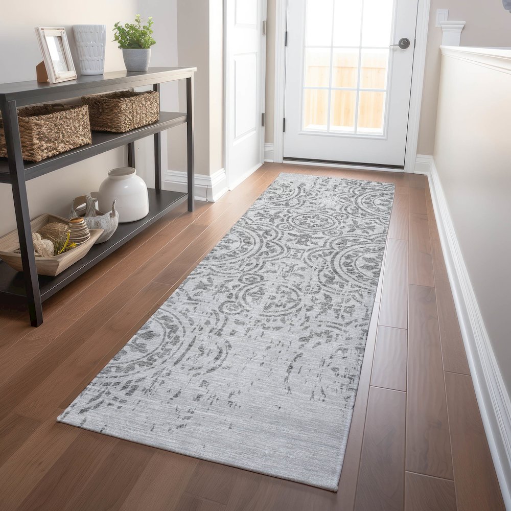 Premium Machine Washable Mayfield AMF758 Silver 2'3" x 7'6" Runner Rug. Picture 5