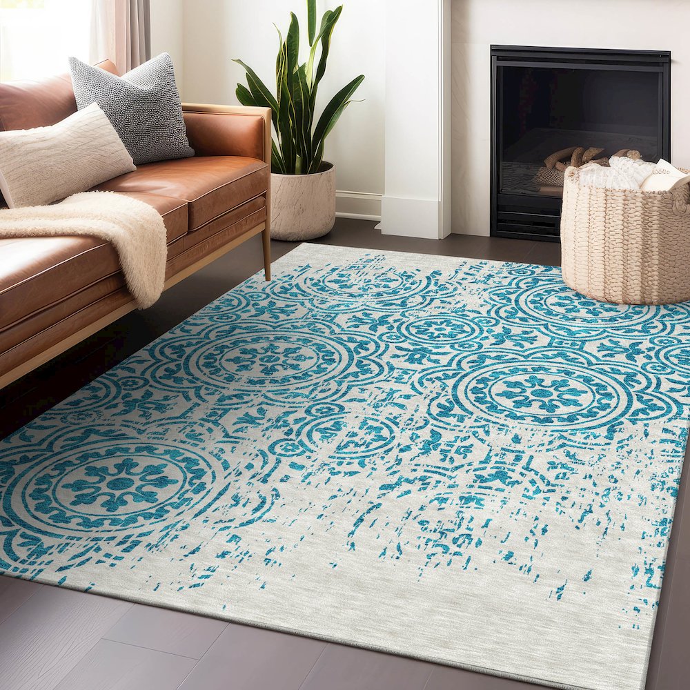 Premium Machine Washable Mayfield AMF758 Teal 2'6" x 3'10" Rug. Picture 6