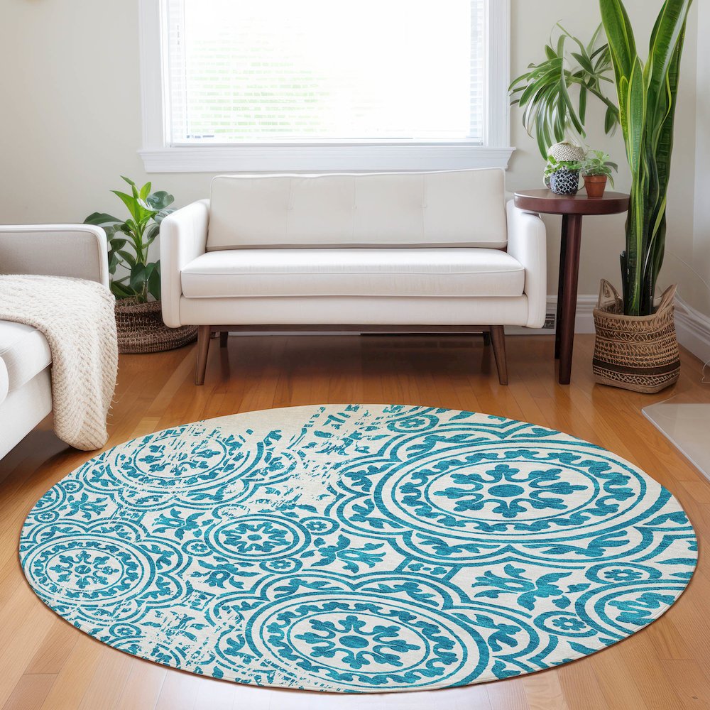 Premium Machine Washable Mayfield AMF758 Teal 8' x 8' Round Rug. Picture 5
