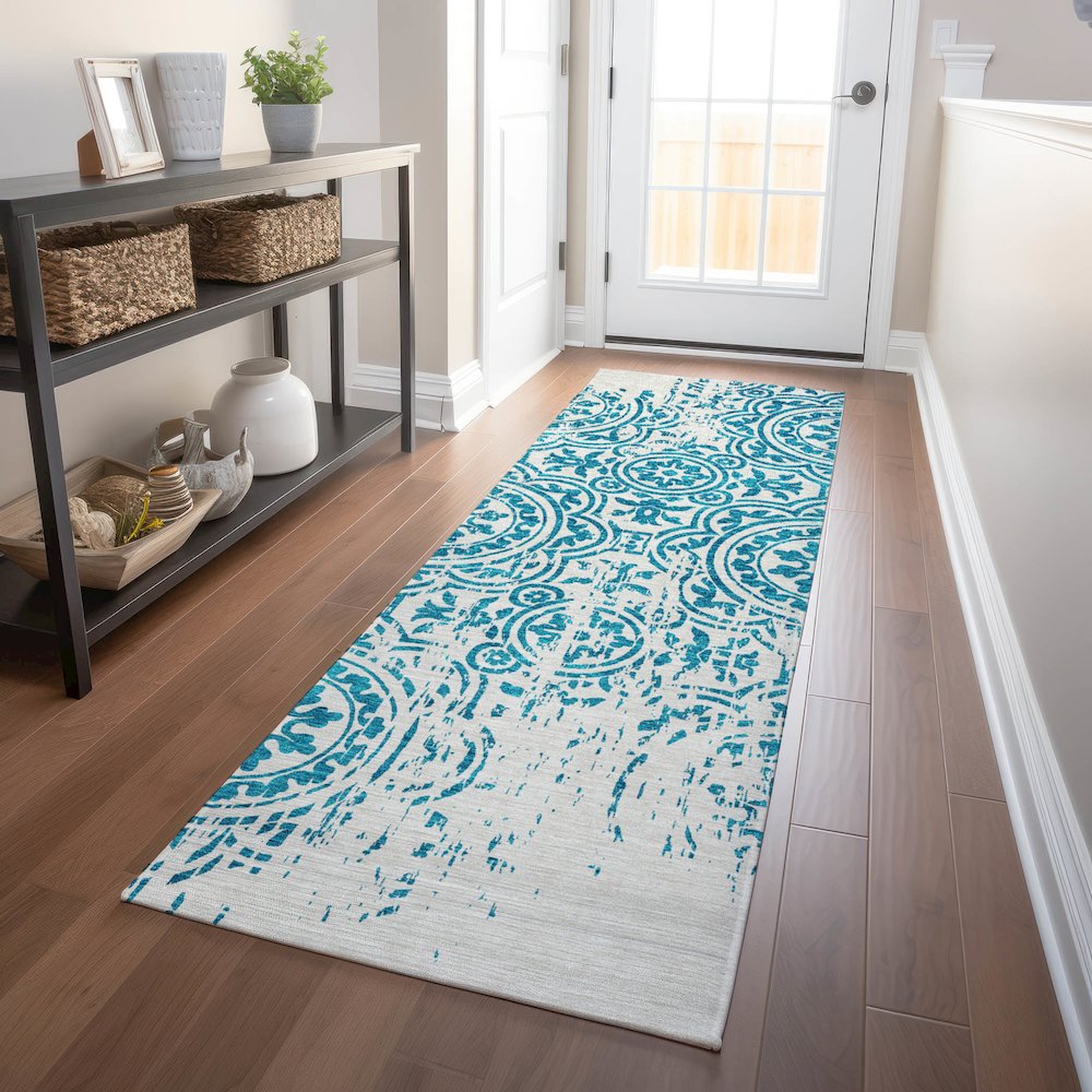 Premium Machine Washable Mayfield AMF758 Teal 2'3" x 7'6" Runner Rug. Picture 5
