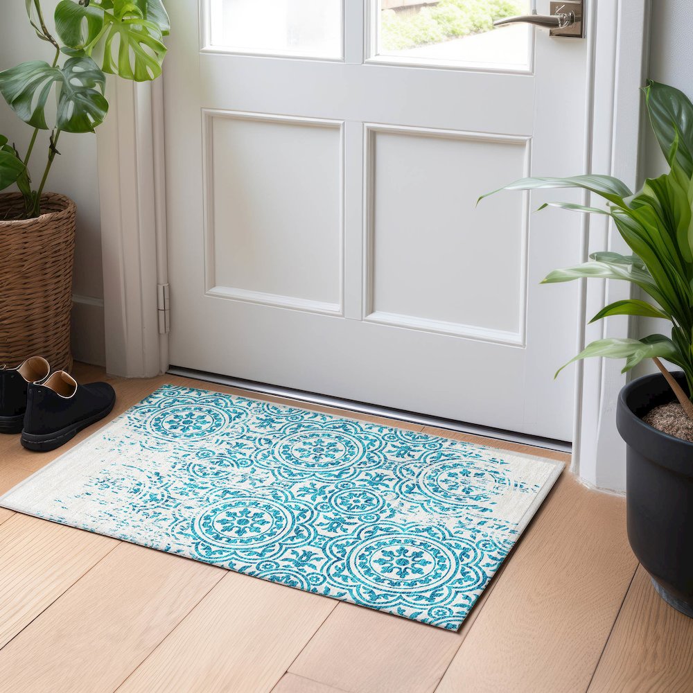 Premium Machine Washable Mayfield AMF758 Teal 1'8" x 2'6" Rug. Picture 5