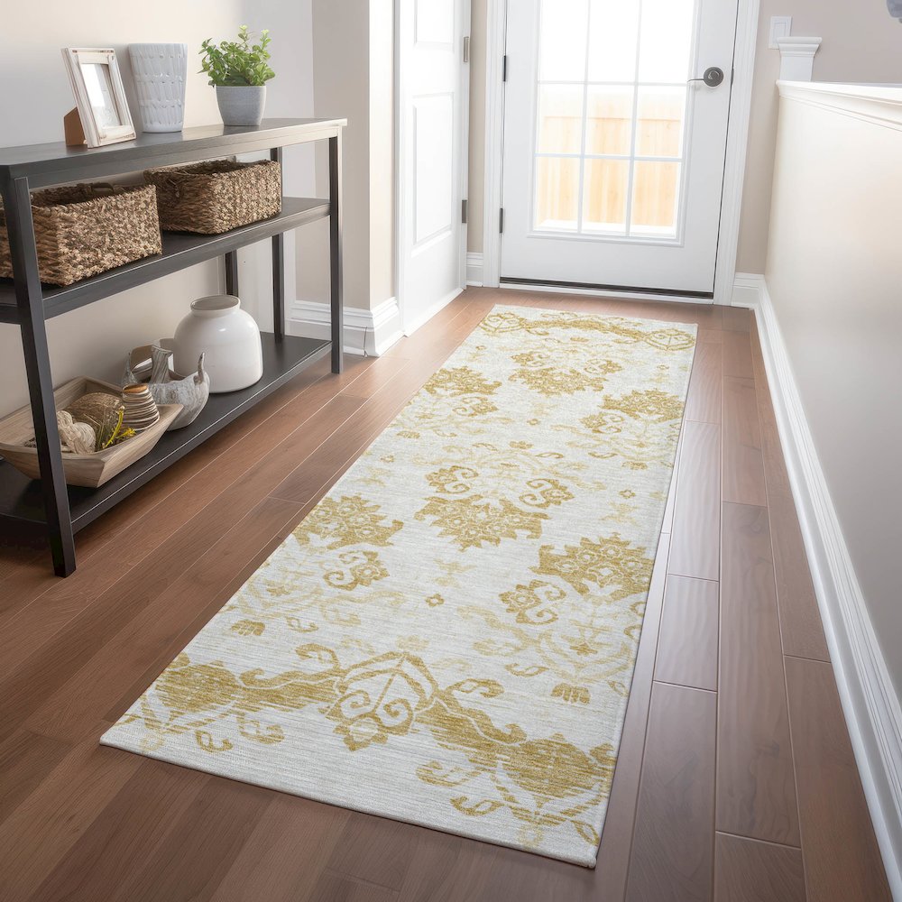 Premium Machine Washable Mayfield AMF759 Gold 2'3" x 7'6" Runner Rug. Picture 5