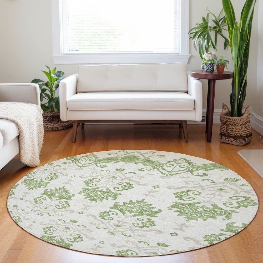 Premium Machine Washable Mayfield AMF759 Green 8' x 8' Round Rug. Picture 5