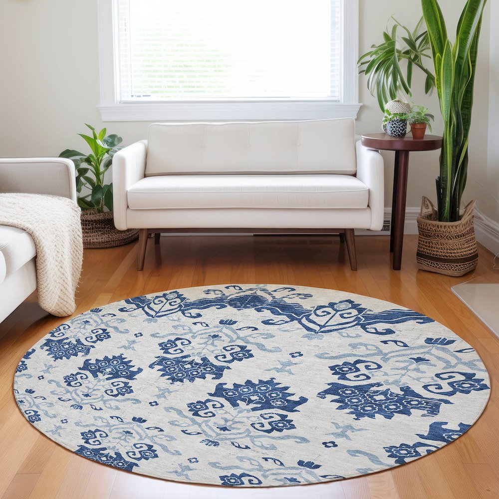 Premium Machine Washable Mayfield AMF759 Navy 8' x 8' Round Rug. Picture 5