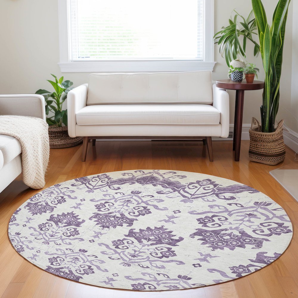 Premium Machine Washable Mayfield AMF759 Purple 8' x 8' Round Rug. Picture 5