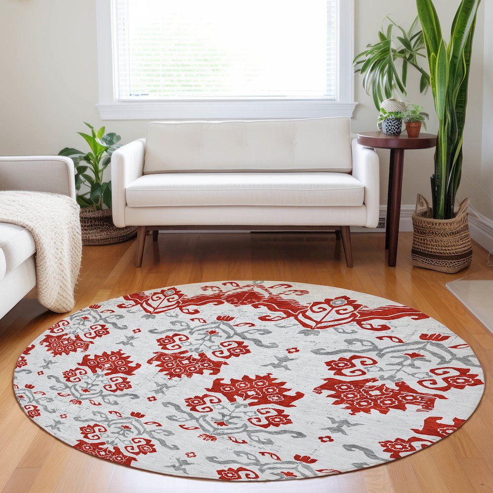 Premium Machine Washable Mayfield AMF759 Red 8' x 8' Round Rug. Picture 5