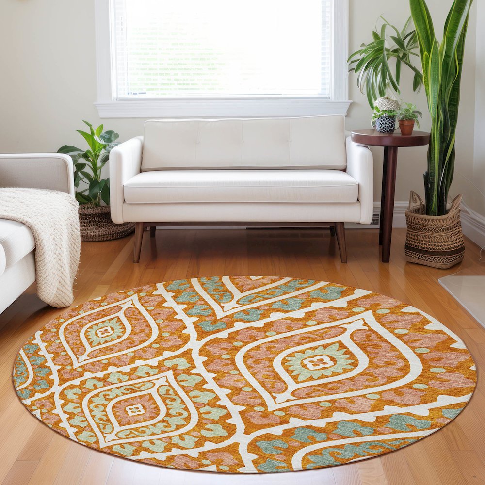 Premium Machine Washable Mayfield AMF761 Orange 8' x 8' Round Rug. Picture 5