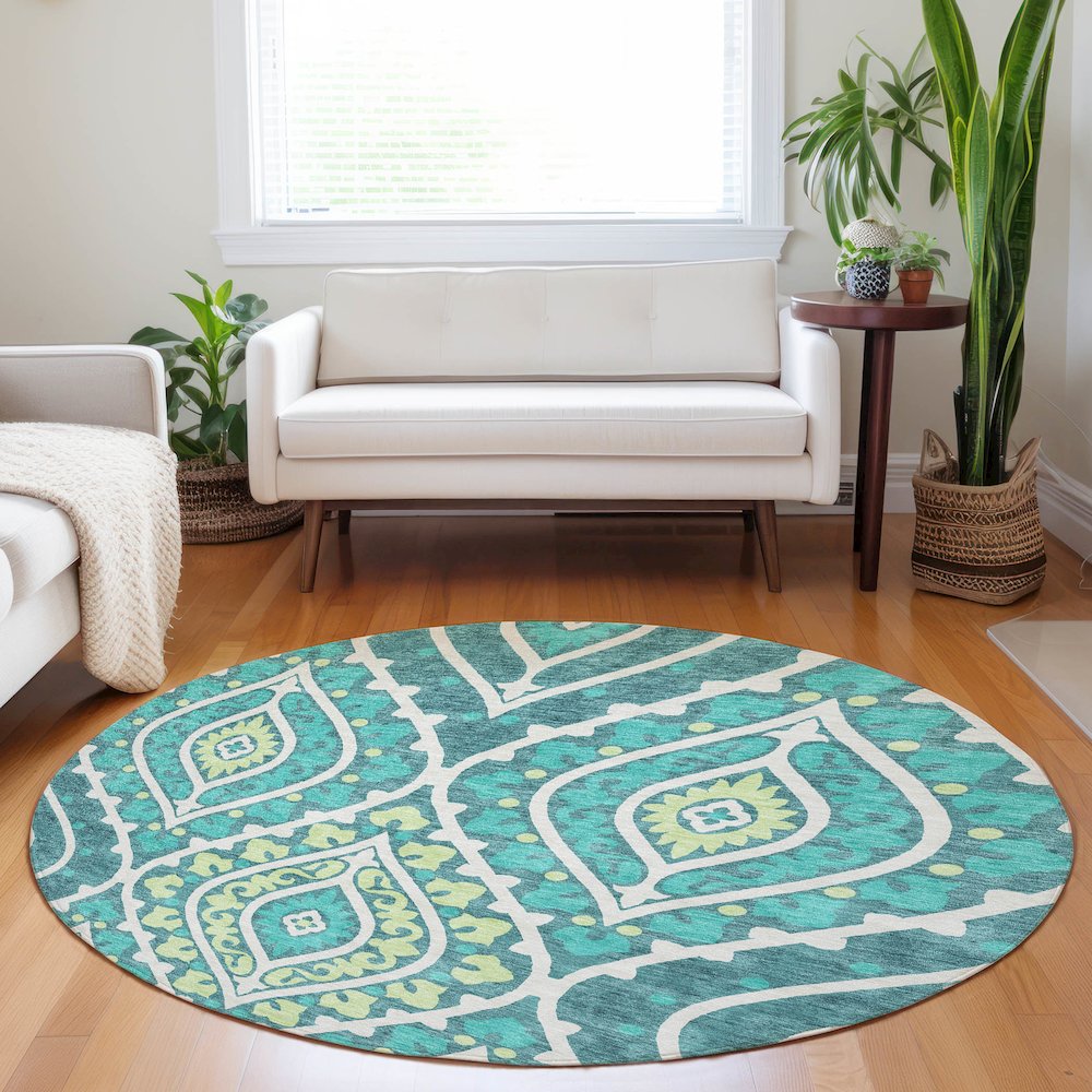 Premium Machine Washable Mayfield AMF761 Teal 8' x 8' Round Rug. Picture 5