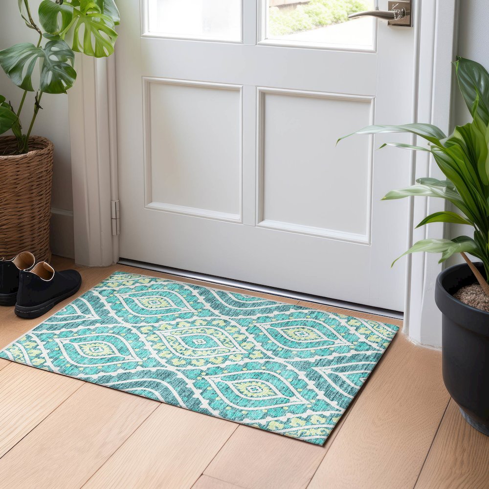 Premium Machine Washable Mayfield AMF761 Teal 1'8" x 2'6" Rug. Picture 5