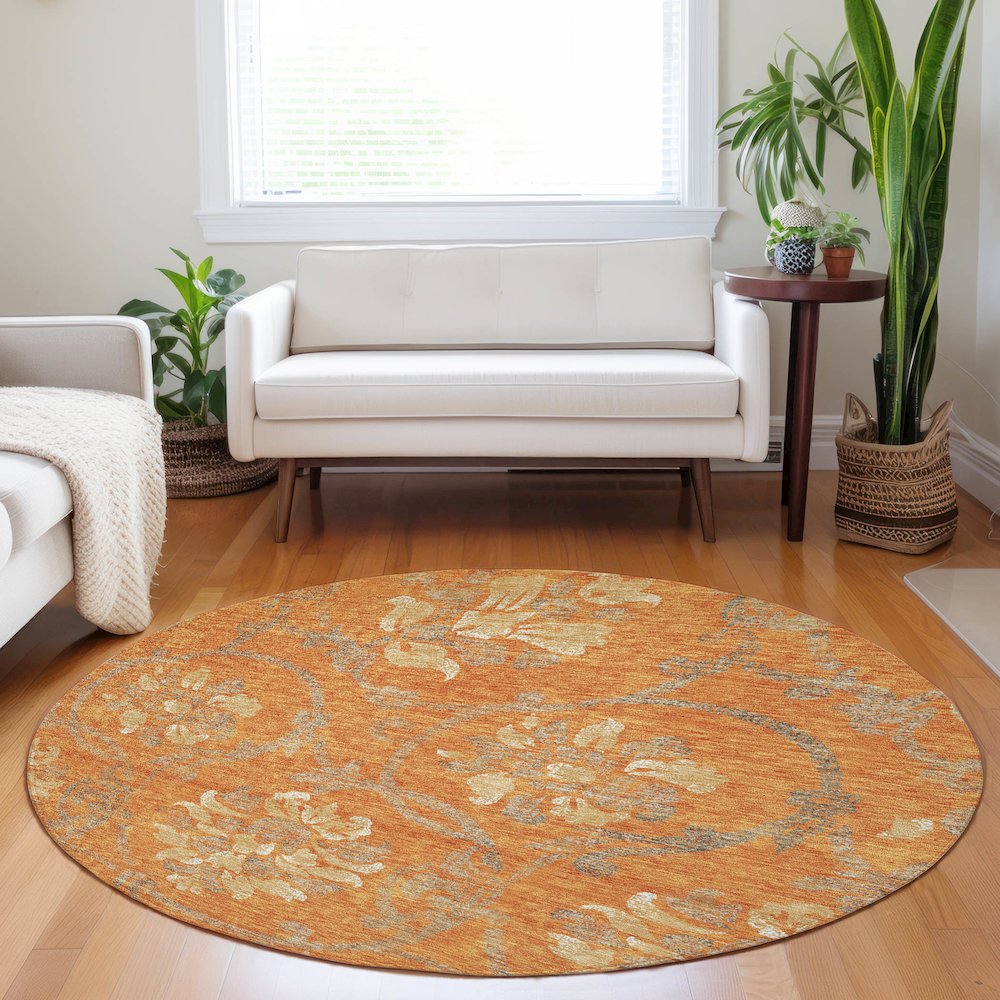 Premium Machine Washable Mayfield AMF762 Orange 8' x 8' Round Rug. Picture 5