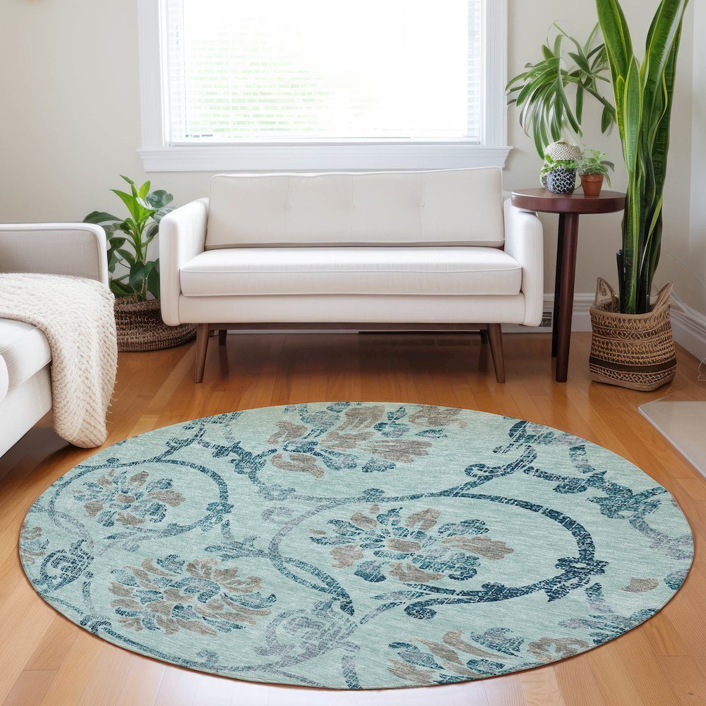 Premium Machine Washable Mayfield AMF762 Teal 8' x 8' Round Rug. Picture 5