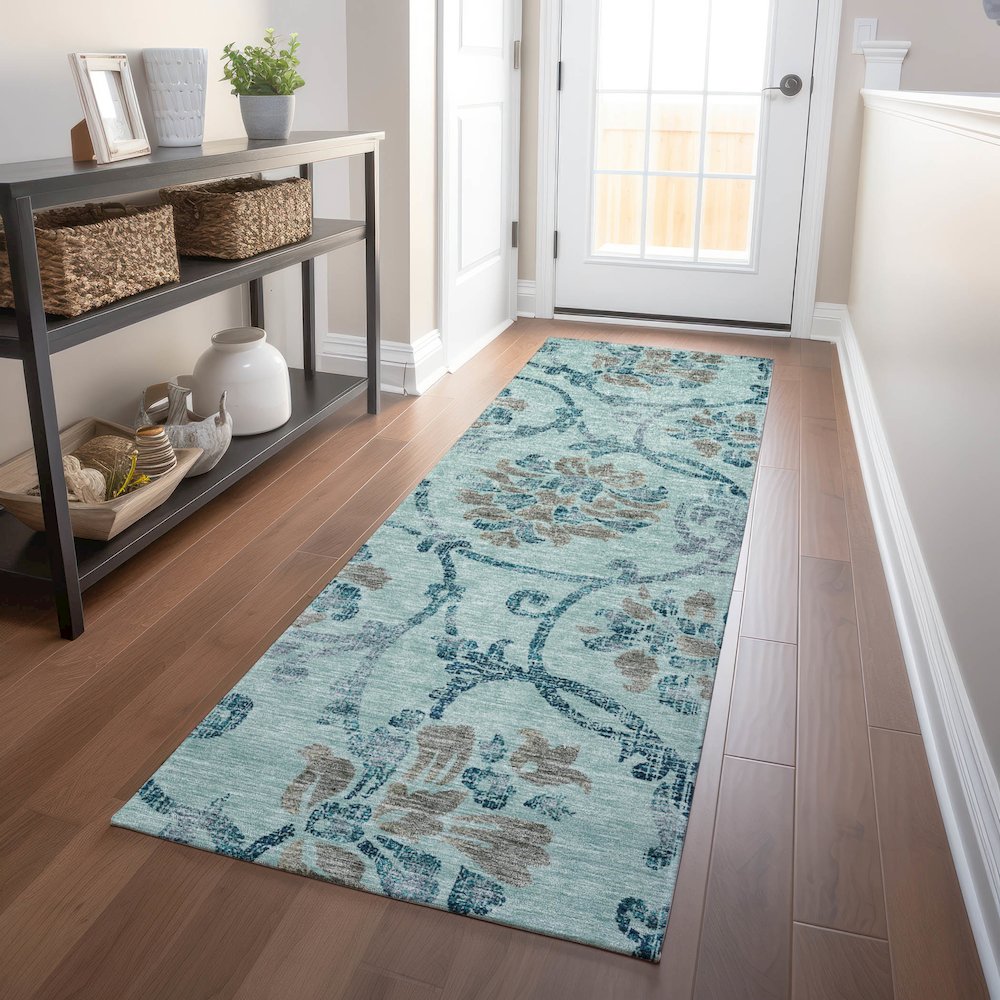 Premium Machine Washable Mayfield AMF762 Teal 2'3" x 7'6" Runner Rug. Picture 5