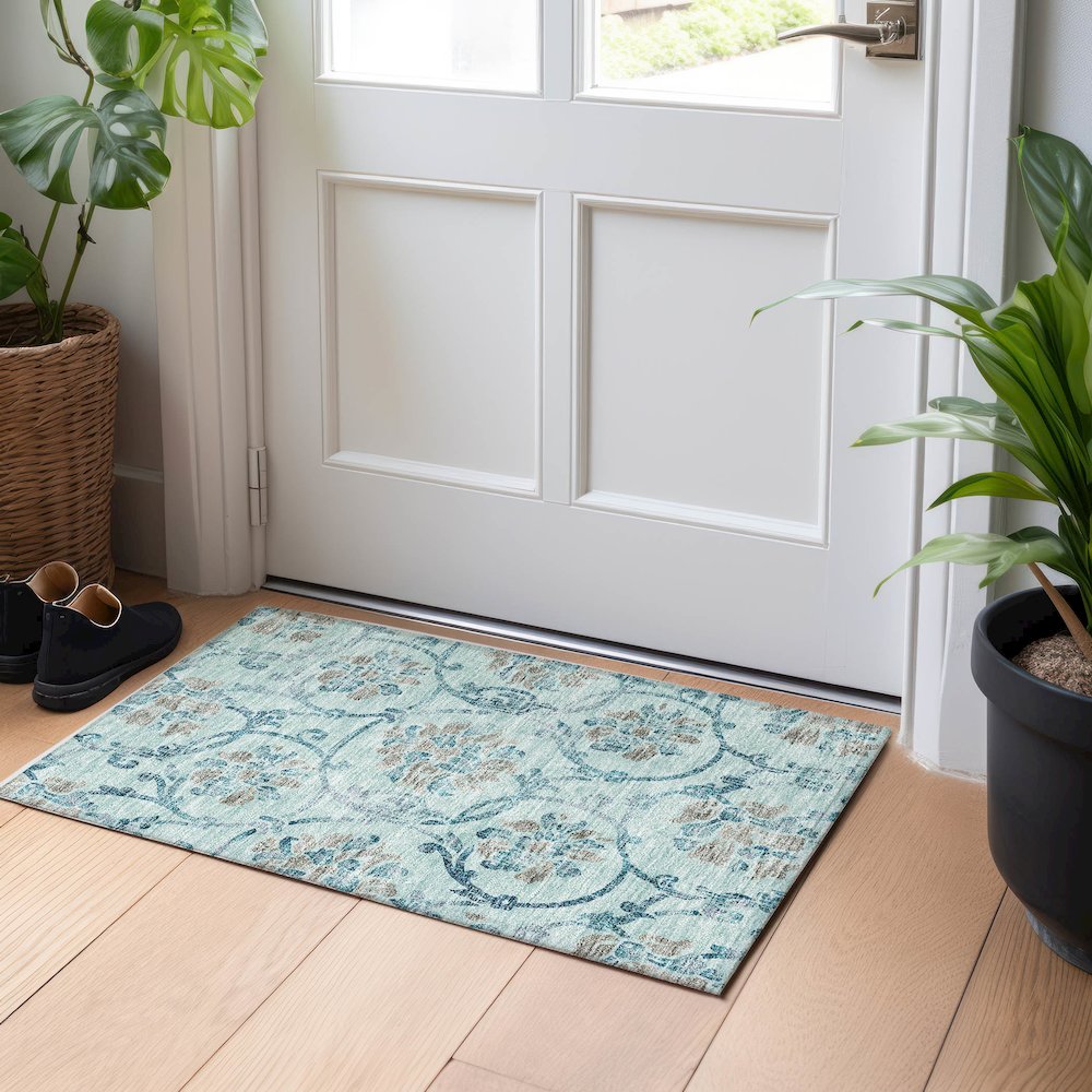 Premium Machine Washable Mayfield AMF762 Teal 1'8" x 2'6" Rug. Picture 5