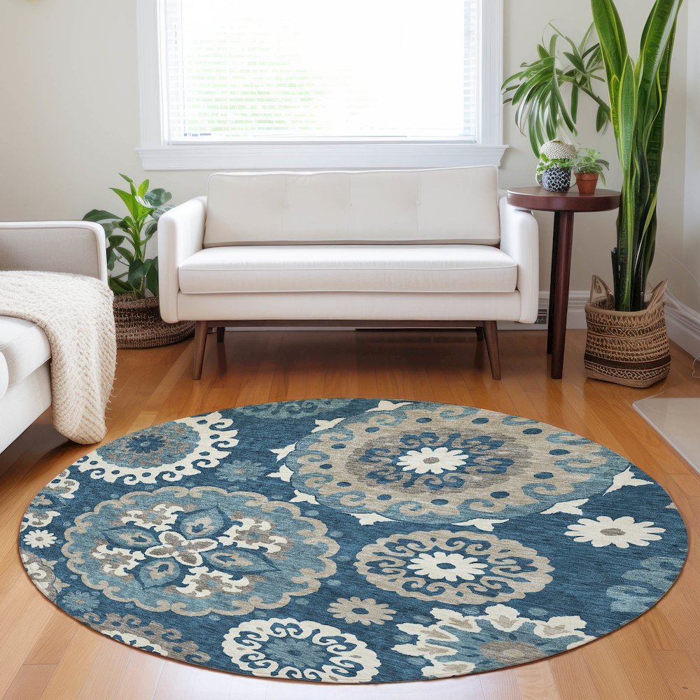 Premium Machine Washable Mayfield AMF763 Blue 8' x 8' Round Rug. Picture 5