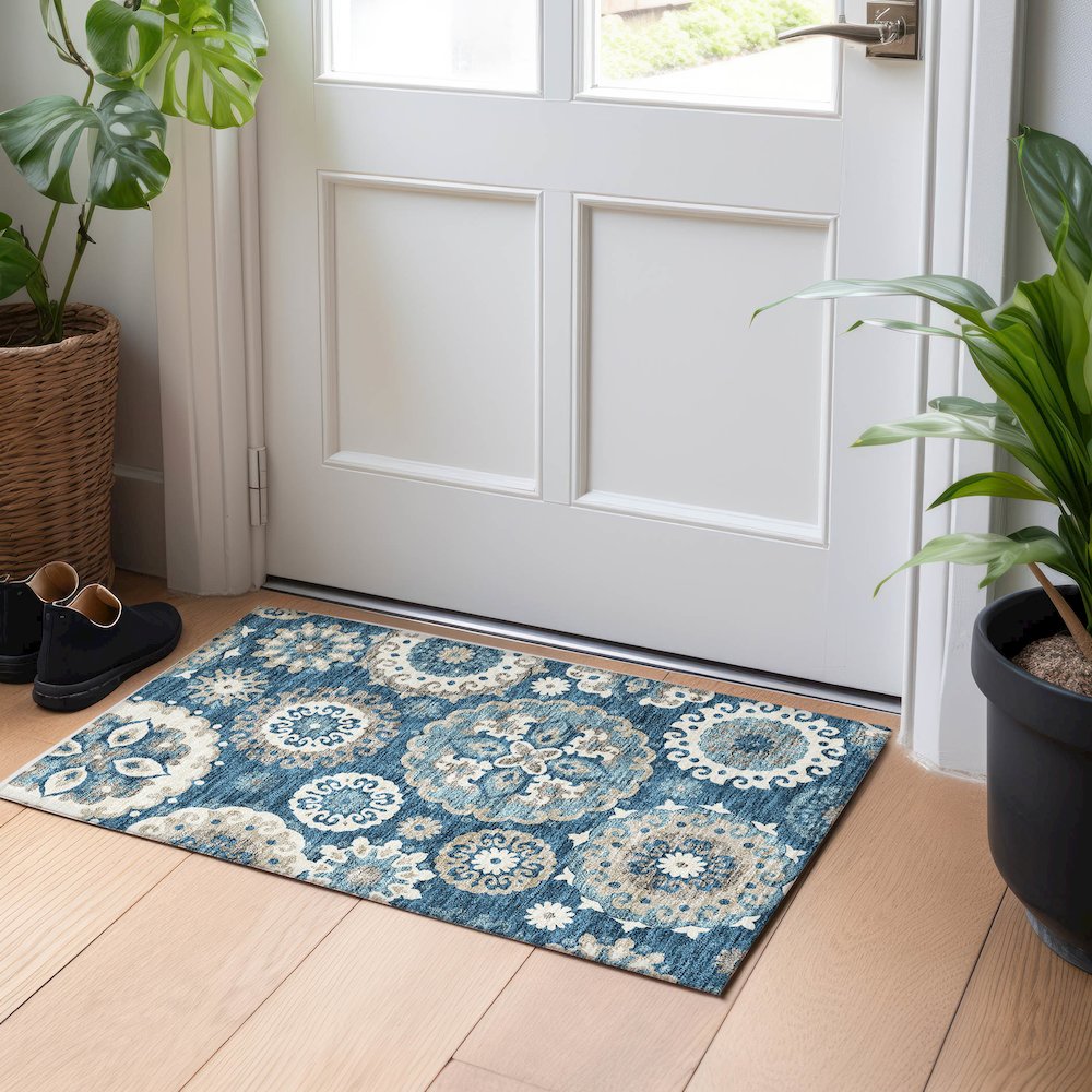 Premium Machine Washable Mayfield AMF763 Blue 1'8" x 2'6" Rug. Picture 5