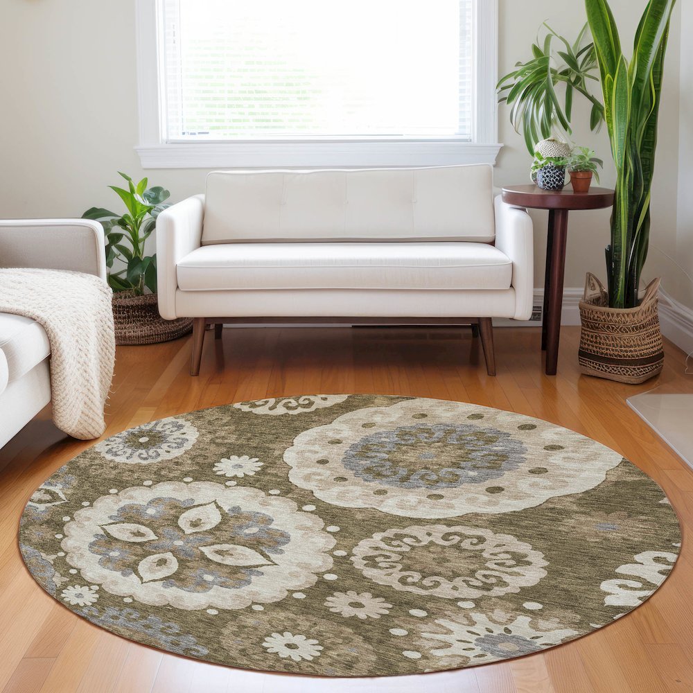 Premium Machine Washable Mayfield AMF763 Brown 8' x 8' Round Rug. Picture 5