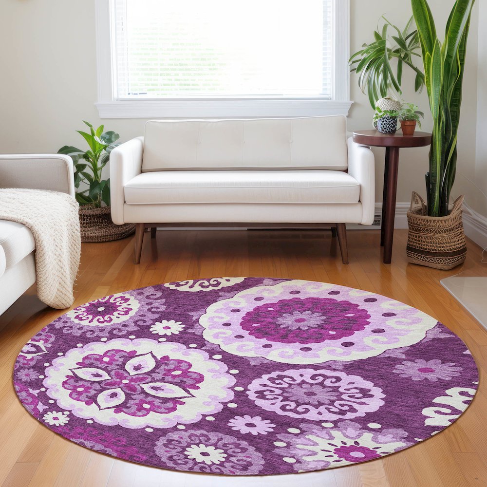 Premium Machine Washable Mayfield AMF763 Eggplant 8' x 8' Round Rug. Picture 5