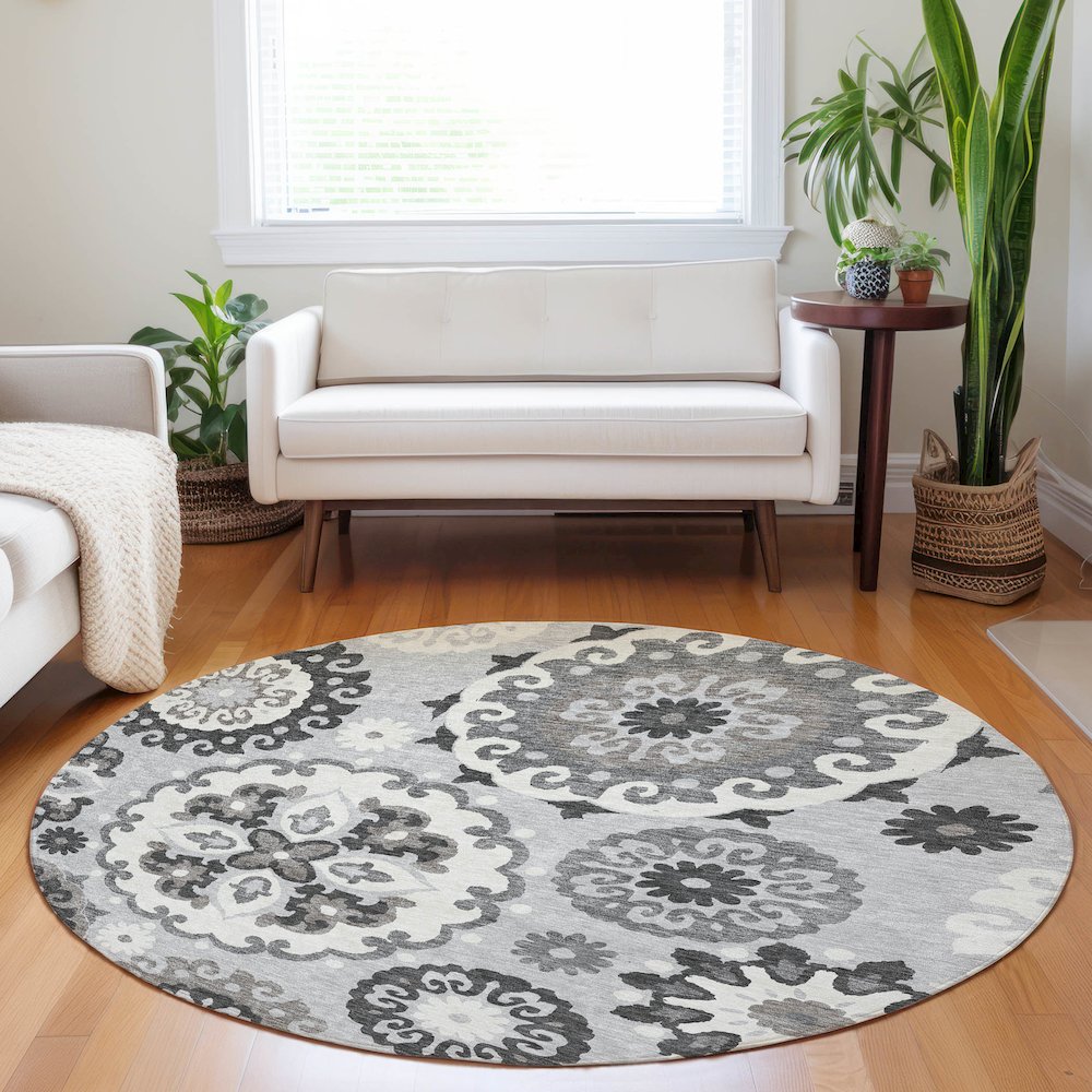 Premium Machine Washable Mayfield AMF763 Silver 8' x 8' Round Rug. Picture 5