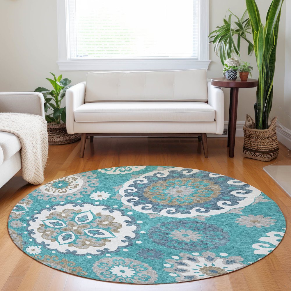 Premium Machine Washable Mayfield AMF763 Teal 8' x 8' Round Rug. Picture 5