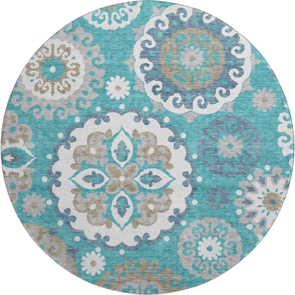 Premium Machine Washable Mayfield AMF763 Teal 8' x 8' Round Rug. Picture 1