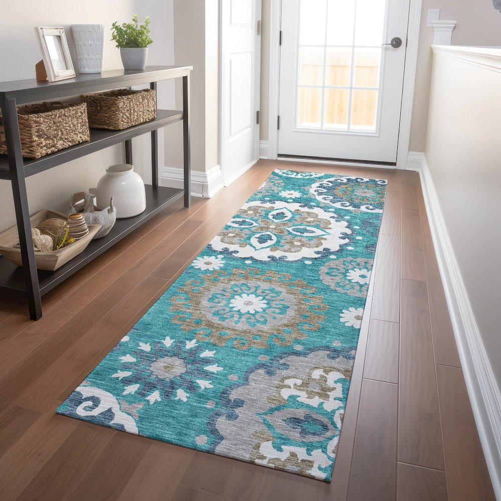 Premium Machine Washable Mayfield AMF763 Teal 2'3" x 7'6" Runner Rug. Picture 5