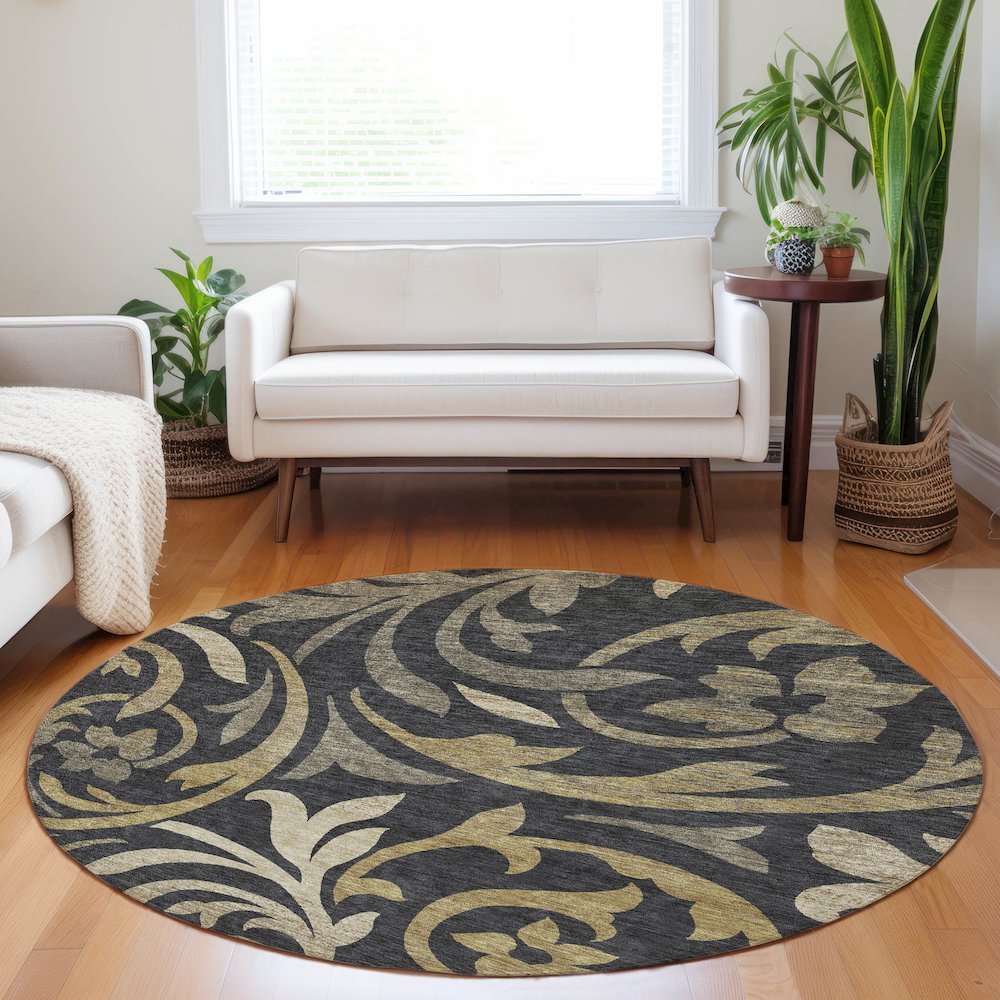Premium Machine Washable Mayfield AMF764 Black 8' x 8' Round Rug. Picture 5