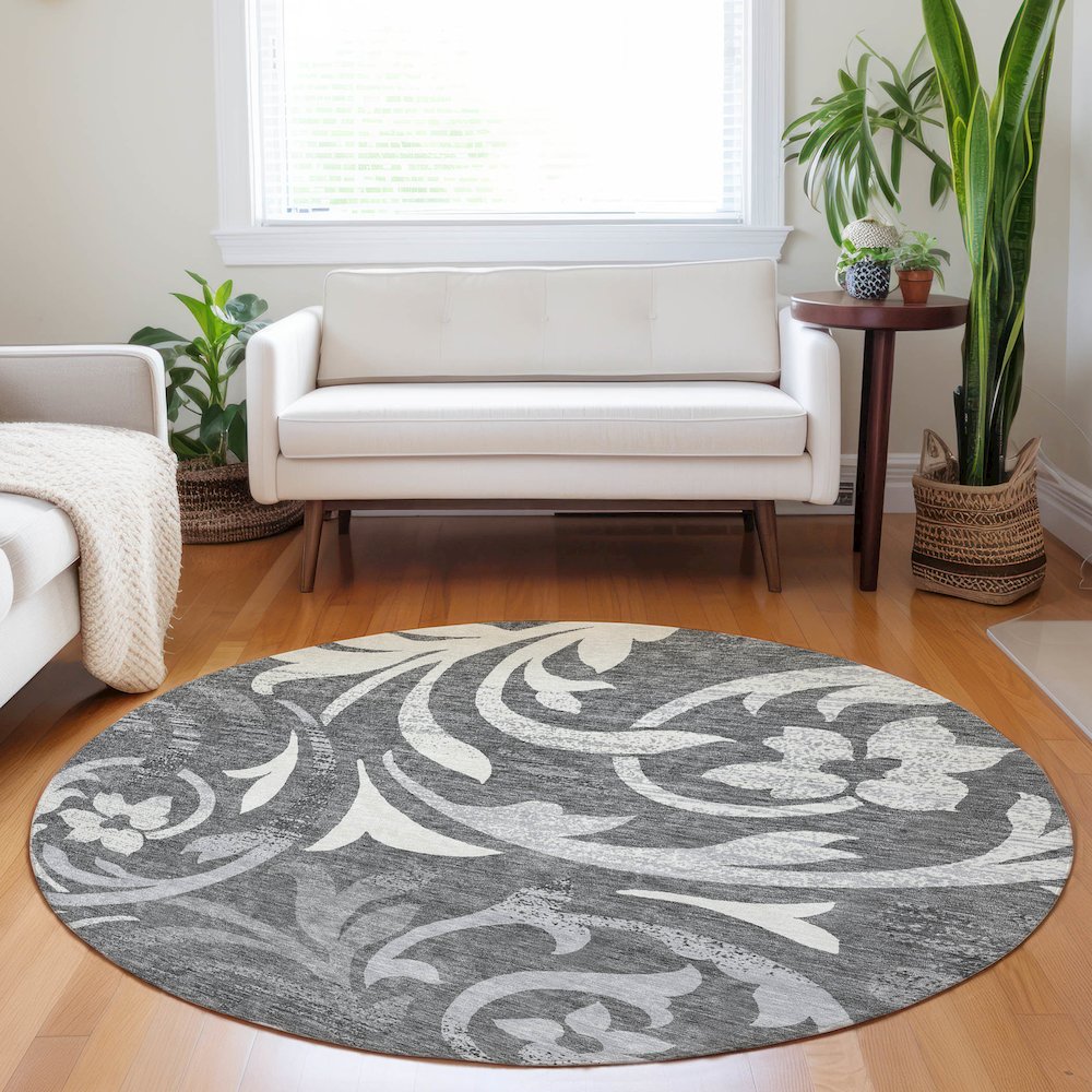 Premium Machine Washable Mayfield AMF764 Charcoal 8' x 8' Round Rug. Picture 5