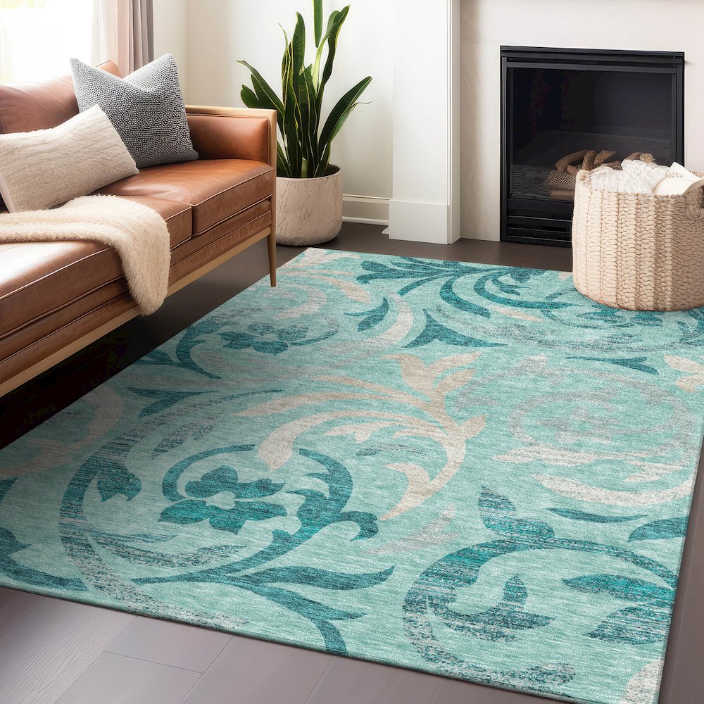 Premium Machine Washable Mayfield AMF764 Teal 2'6" x 3'10" Rug. Picture 6