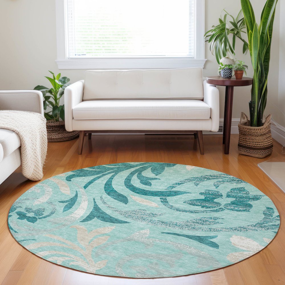 Premium Machine Washable Mayfield AMF764 Teal 8' x 8' Round Rug. Picture 5