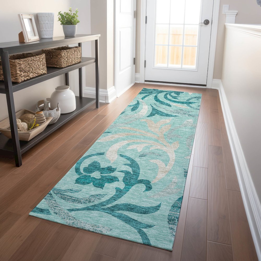 Premium Machine Washable Mayfield AMF764 Teal 2'3" x 7'6" Runner Rug. Picture 5