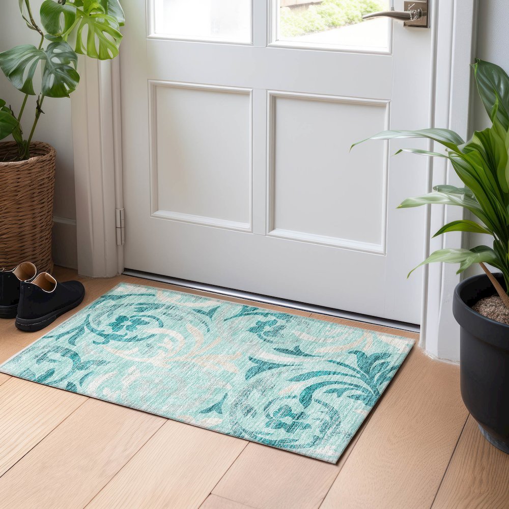 Premium Machine Washable Mayfield AMF764 Teal 1'8" x 2'6" Rug. Picture 5