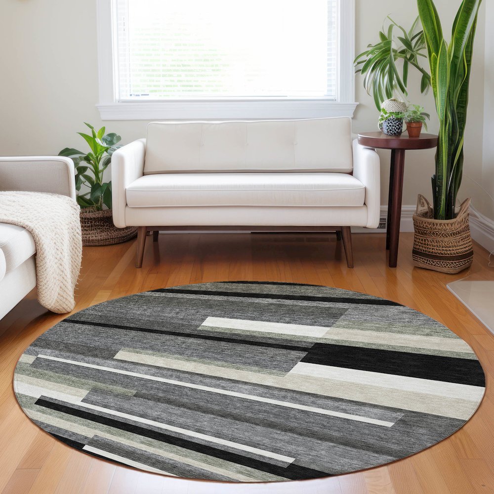 Premium Machine Washable Mayfield AMF766 Black 8' x 8' Round Rug. Picture 5