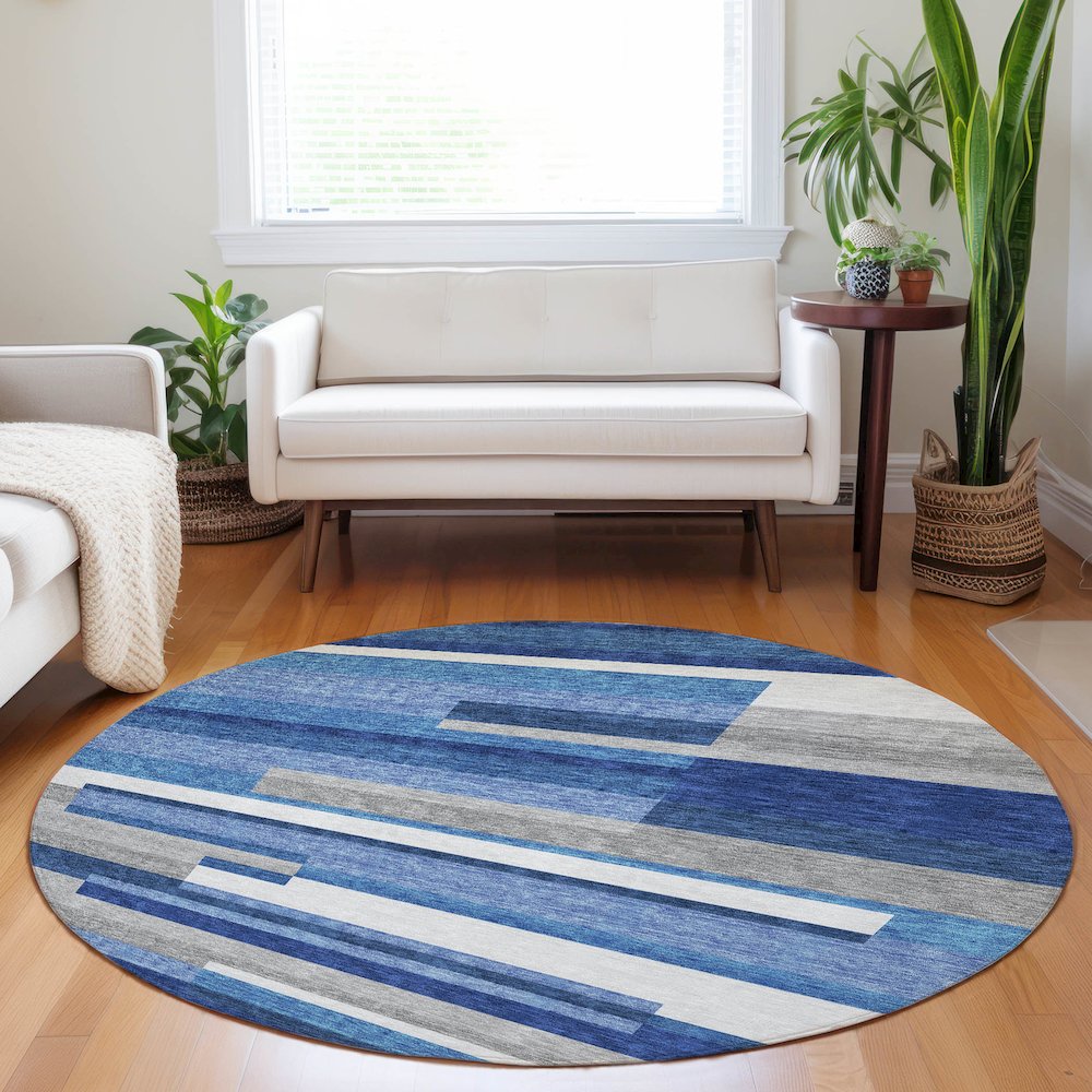 Premium Machine Washable Mayfield AMF766 Blue 8' x 8' Round Rug. Picture 5