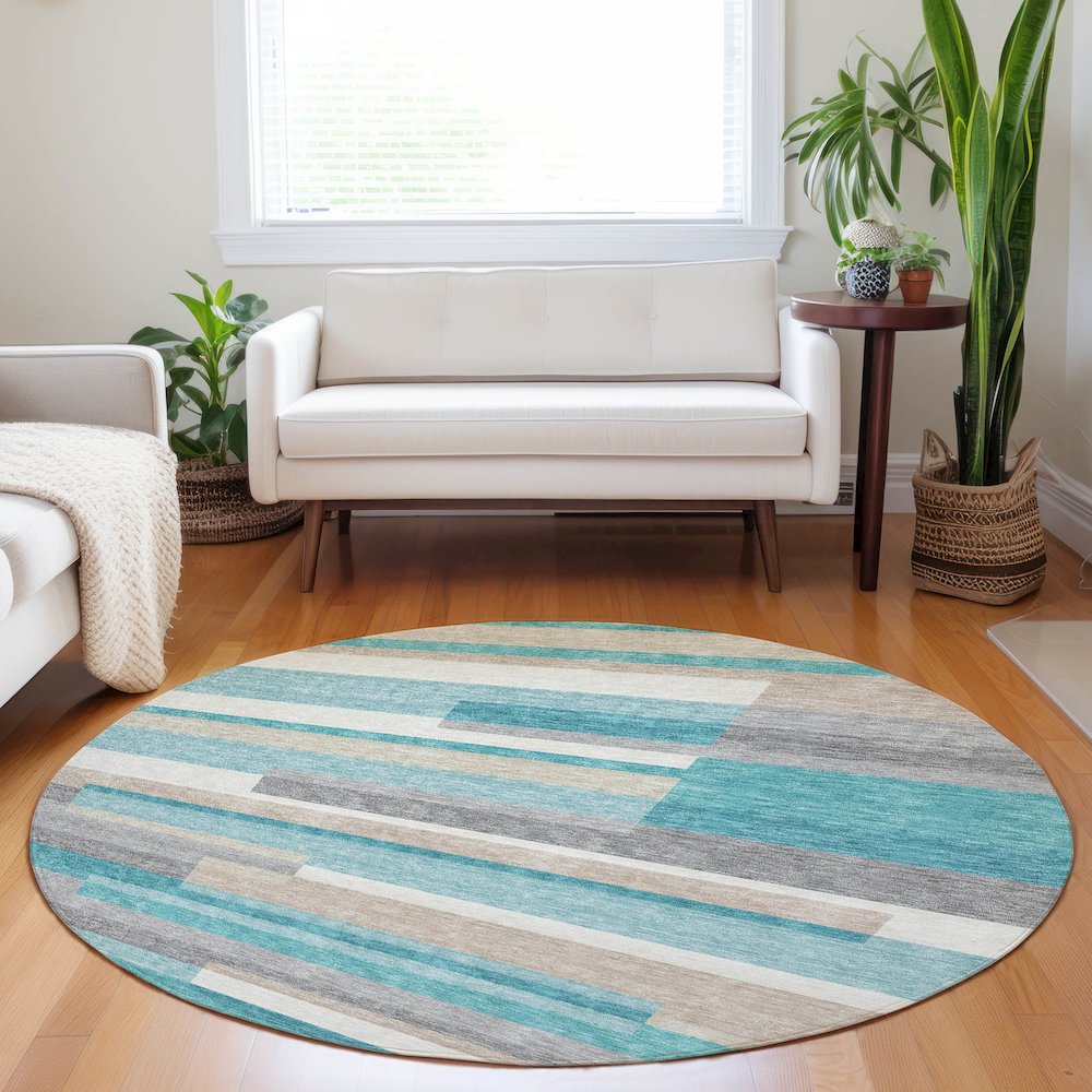 Premium Machine Washable Mayfield AMF766 Teal 8' x 8' Round Rug. Picture 5