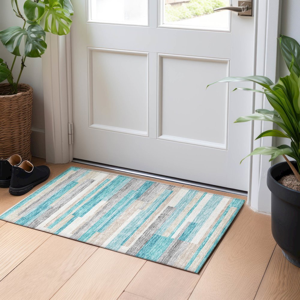 Premium Machine Washable Mayfield AMF766 Teal 1'8" x 2'6" Rug. Picture 5