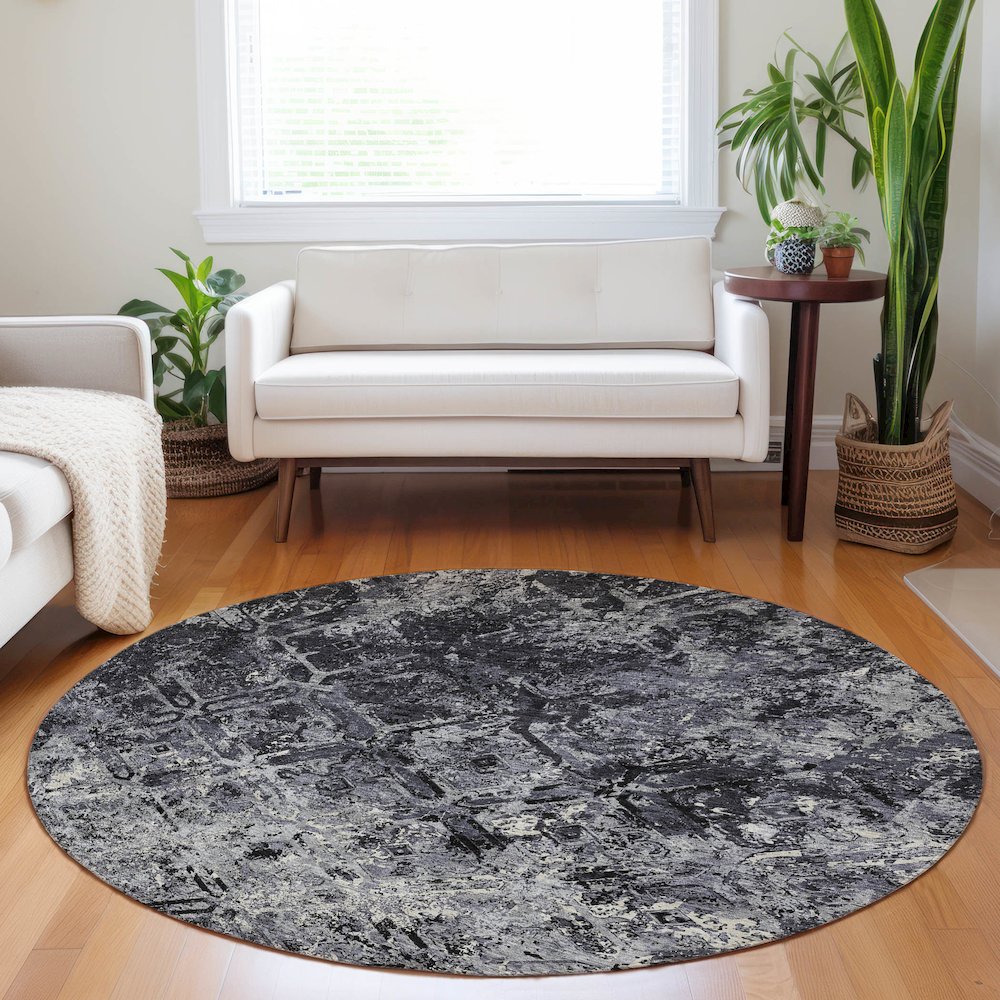Premium Machine Washable Mayfield AMF768 Black 8' x 8' Round Rug. Picture 5