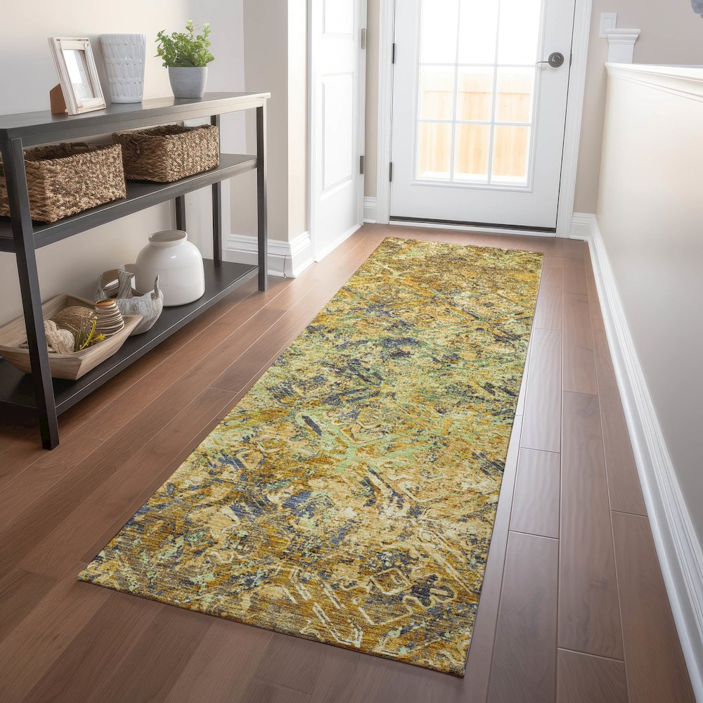 Premium Machine Washable Mayfield AMF768 Gold 2'3" x 7'6" Runner Rug. Picture 5