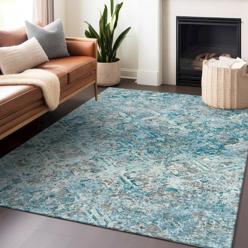 Premium Machine Washable Mayfield AMF768 Teal 2'6" x 3'10" Rug. Picture 6