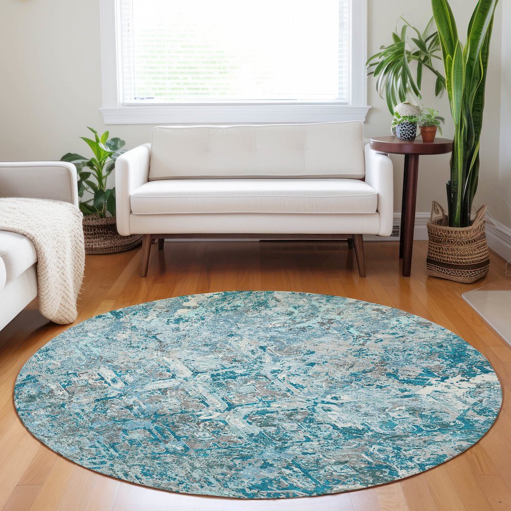 Premium Machine Washable Mayfield AMF768 Teal 8' x 8' Round Rug. Picture 5