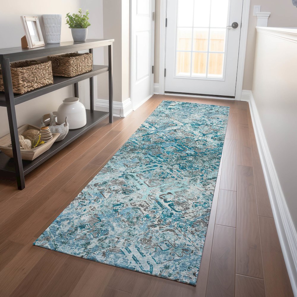 Premium Machine Washable Mayfield AMF768 Teal 2'3" x 7'6" Runner Rug. Picture 5