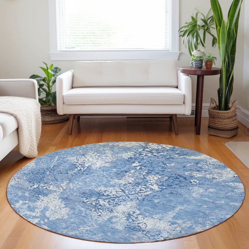 Premium Machine Washable Mayfield AMF769 Blue 8' x 8' Round Rug. Picture 5