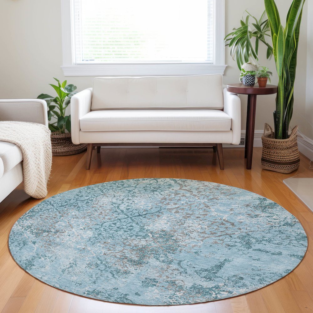 Premium Machine Washable Mayfield AMF769 Teal 8' x 8' Round Rug. Picture 5
