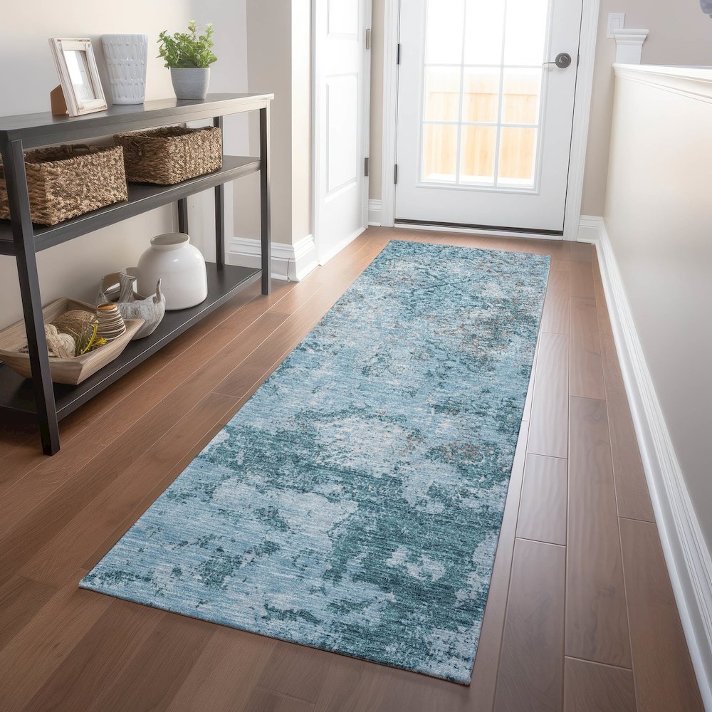 Premium Machine Washable Mayfield AMF769 Teal 2'3" x 7'6" Runner Rug. Picture 5