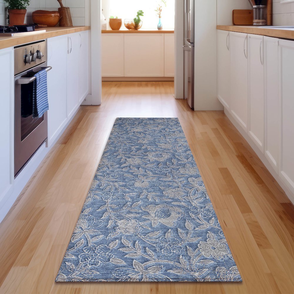 Premium Machine Washable Mayfield AMF771 Denim 2'3" x 7'6" Runner Rug. Picture 5