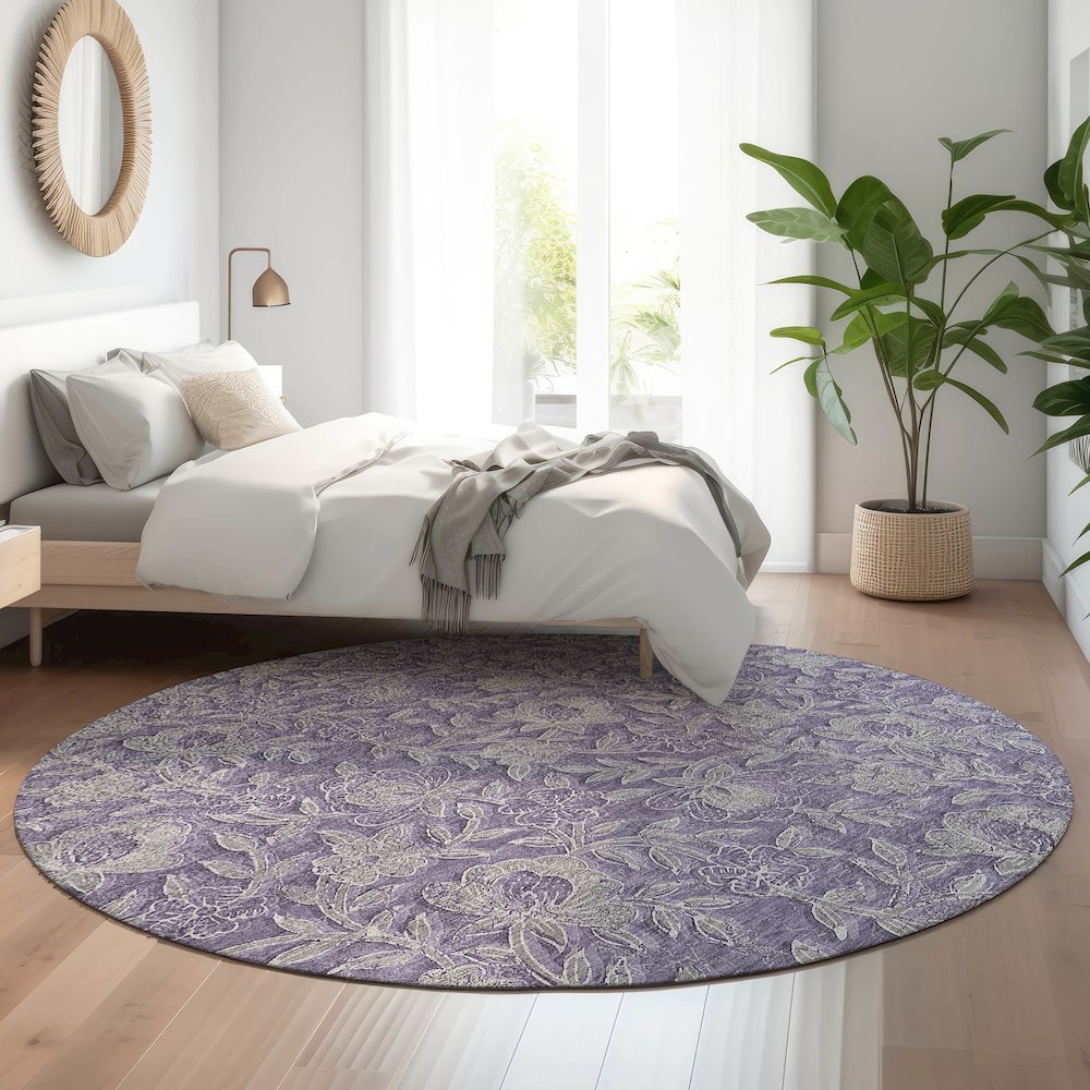 Premium Machine Washable Mayfield AMF771 Eggplant 8' x 8' Round Rug. Picture 5