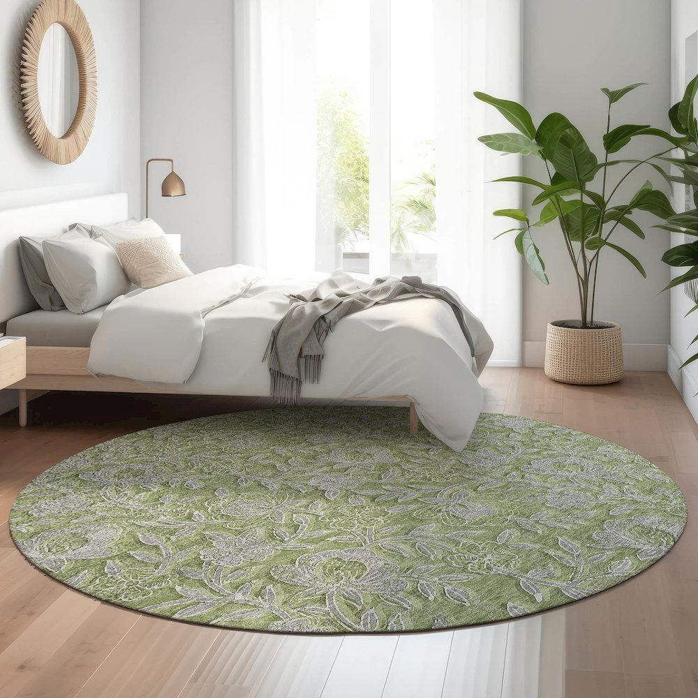 Premium Machine Washable Mayfield AMF771 Olive 8' x 8' Round Rug. Picture 5