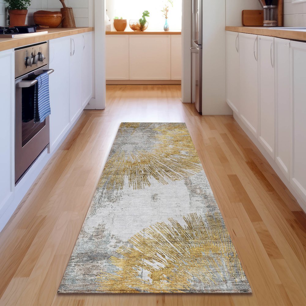 Premium Machine Washable Mayfield AMF773 Gold 2'3" x 7'6" Runner Rug. Picture 5